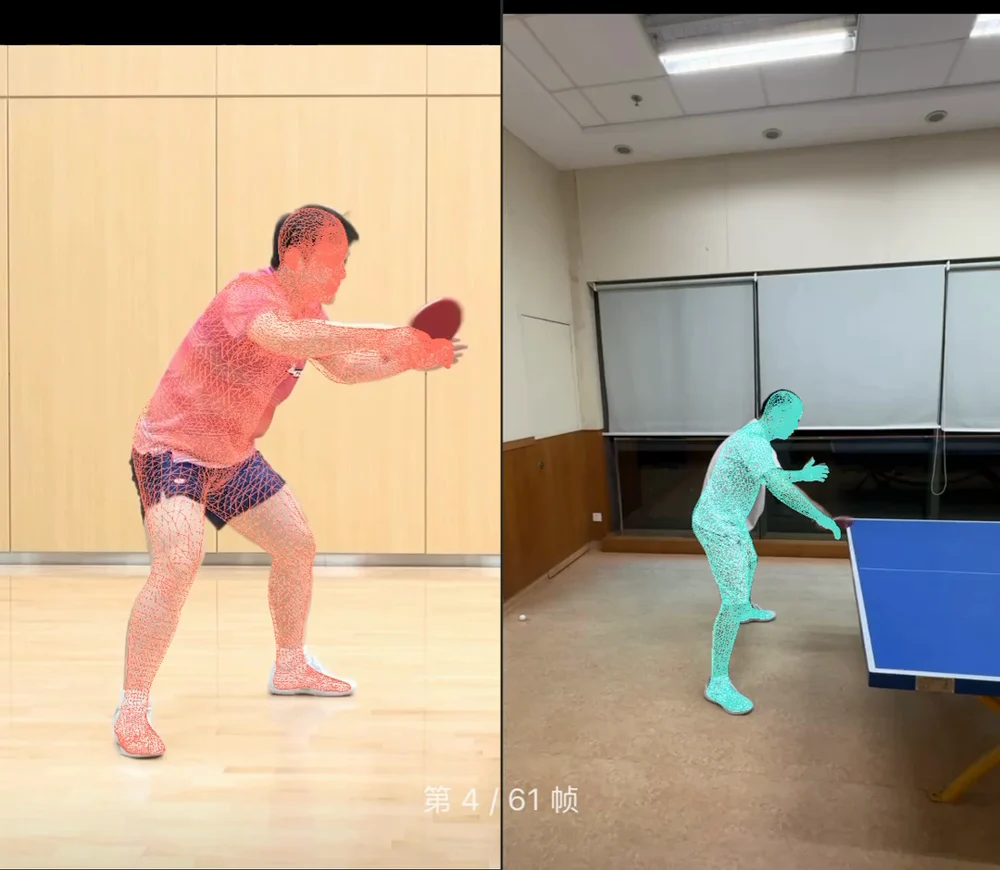 红色和青色的 3D 身体模型分别叠加在樊振东和我的反手视频上