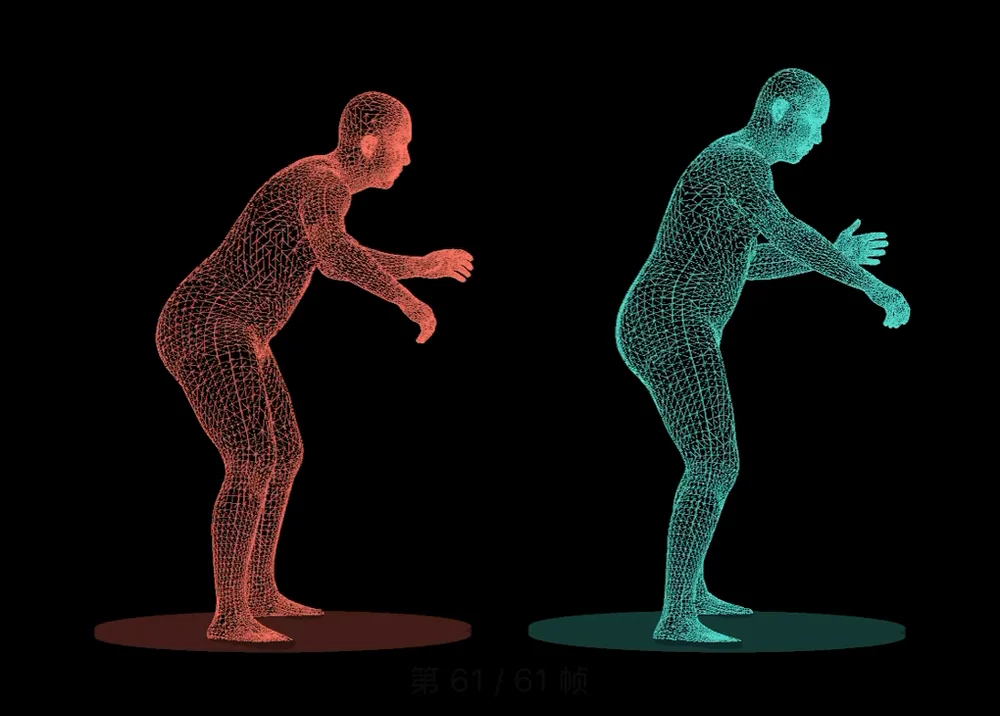 侧面的 3D 身体对比，左侧为红色参考模型，右侧青色模型呈现较高的髋部和更向前伸的手臂