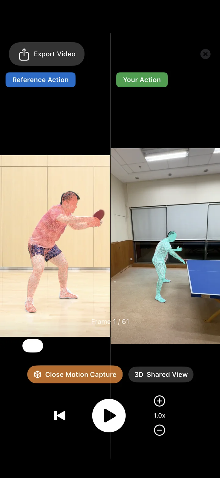 Duolian iOS reference and user videos side by side with motion capture overlays