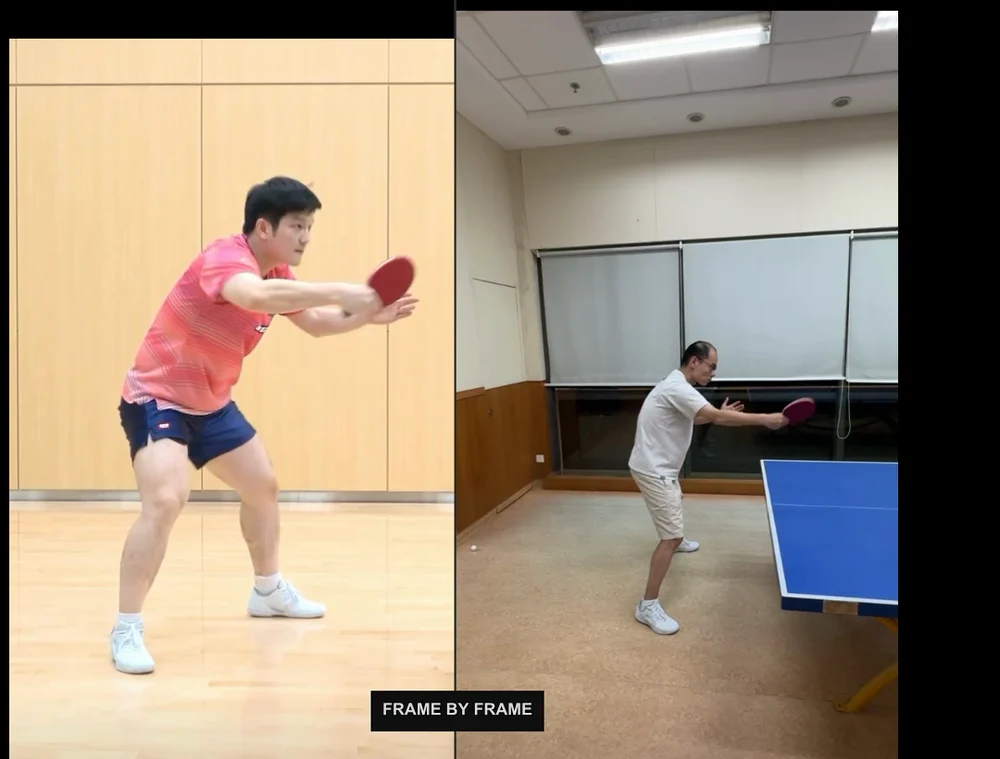 Side-by-side backhand videos in Duolian, with Fan Zhendong’s reference footage on the left and my training footage on the right