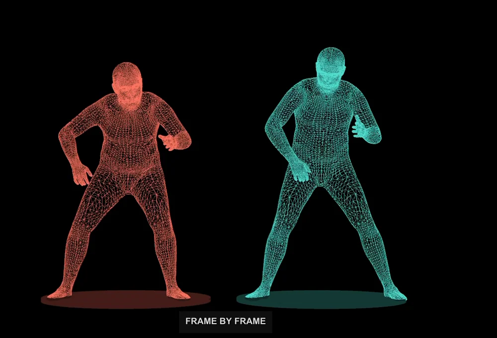 Front view of two 3D backhand poses: the red reference on the left has more visible knee bend than my cyan model on the right