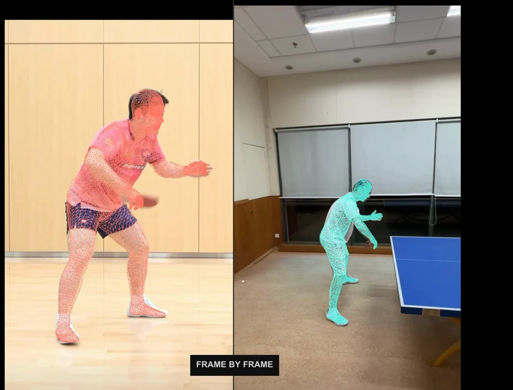 Red and cyan 3D body models overlaid on Fan Zhendong’s backhand reference video and my practice video