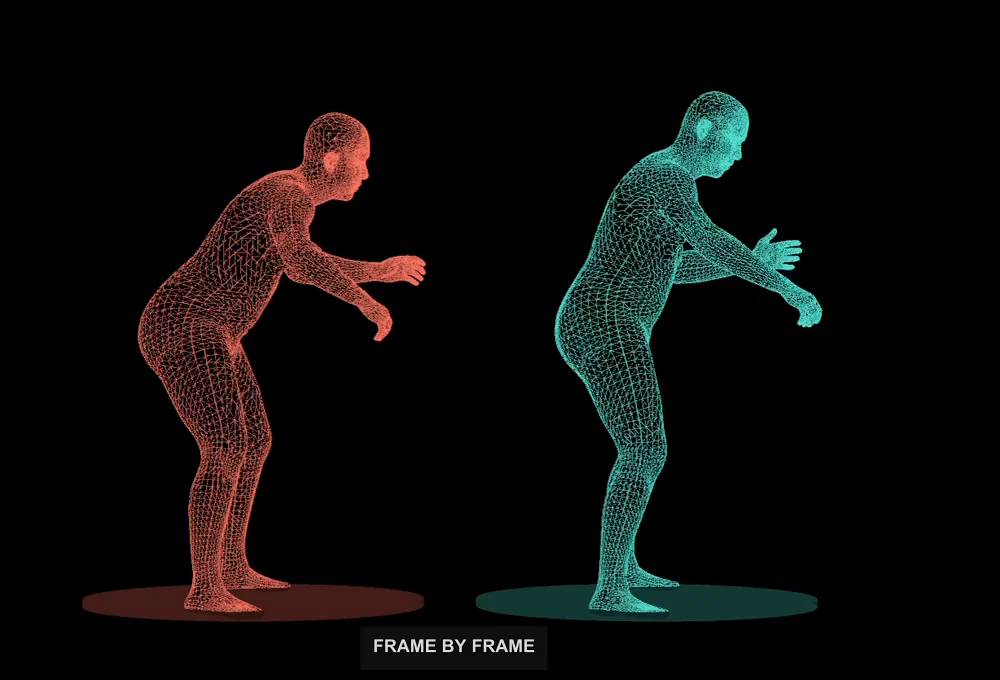 Side view of the red reference body and my cyan body, showing my higher hip position and farther forward arm reach